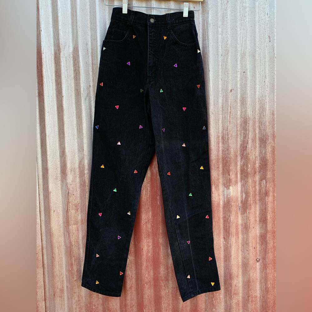 Vintage 90s black straight leg jeans with multicolor bling